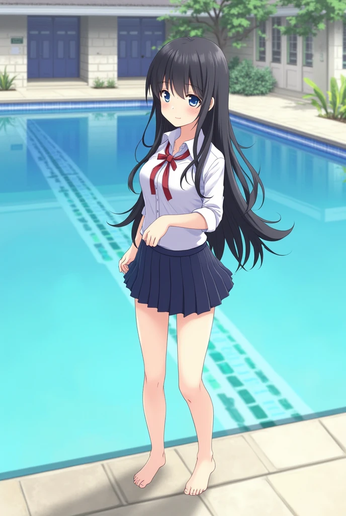 Standing by the pool at an empty school、Long black hair、uniform、mini skirt、Cute Face、barefoot、Smiling、Full body portrait