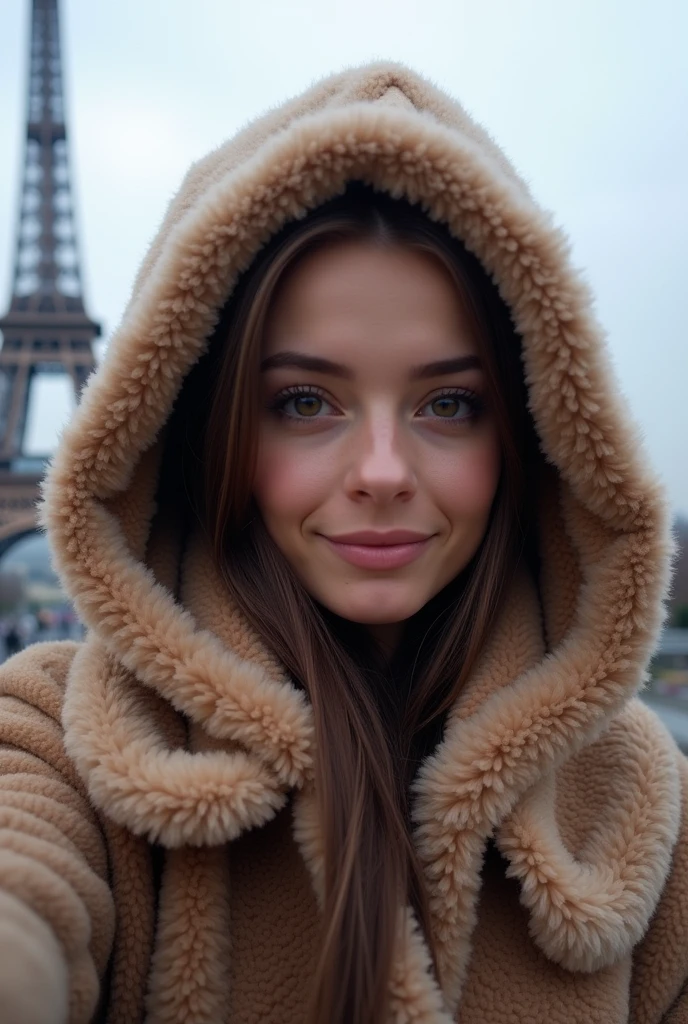 Femme Arafed complètement , devant la Tour Eiffel, avec un manteau en fourrure, fille sexy aux yeux bruns, ultra réaliste, minutieusement détaillé, Portrait Sophie Mudd, cheveux bruns et grands yeux, selfie d&#39;une jeune femme, Yeux de chambre, violette myers, sans maquillage, maquillage naturel, regarder directement la caméra, légèrement éloignée de la caméra, Visage avec Artgram, Maquillage subtil, Superbe photo de tout le corps agenouillé sur le lit, dans la chambre, Buste large et rond