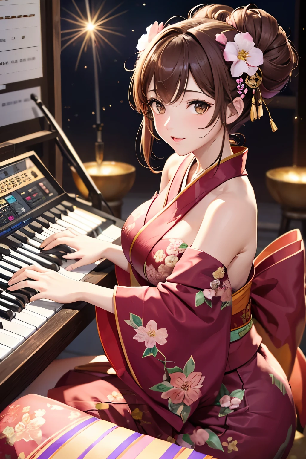 Top quality, ample limbs, perfect fingers, slender beauty, twin-tailed bun hairstyle, brown hair, Deresute, A costume of Floral haori and minihakama with a flashy pattern,Band instrumentskeyboard, beautiful large breasts, live stage, Playing Band InstrumentsKeyboard