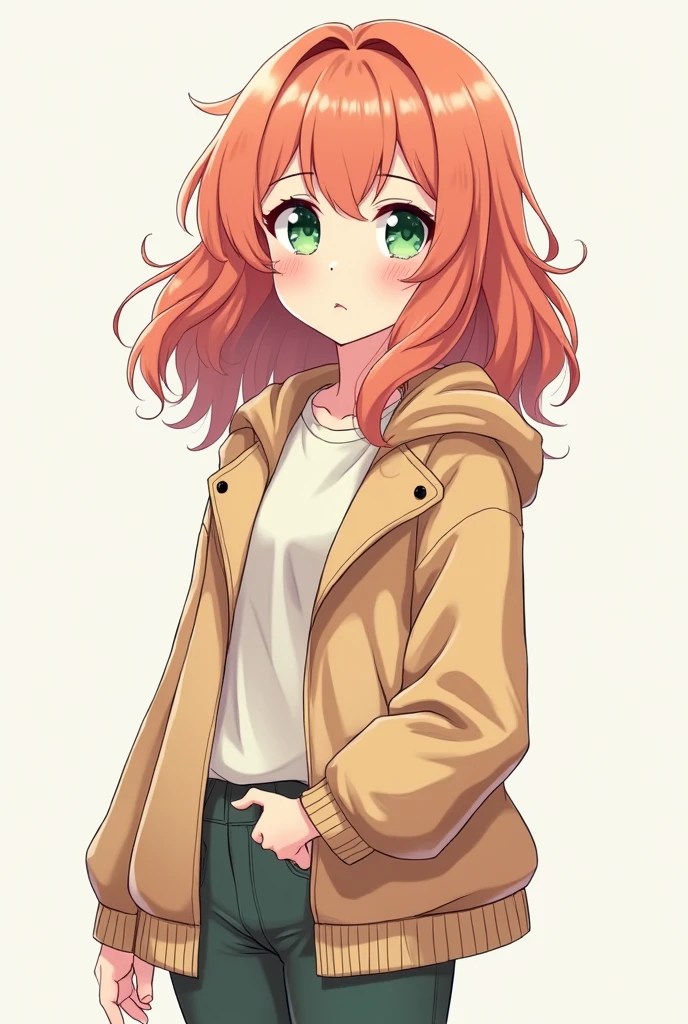 anime girl concept drawing, king, Light salmon hair and medium curly and long, short, with big green eyes. draw her full body and put her clothes from before Full body