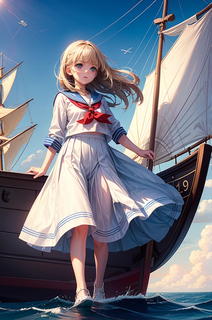 One Girl, Highest quality、Cinema Lighting、Sailor suit、Long skirt、 sailboat(Galleon)On the mast、White panties,