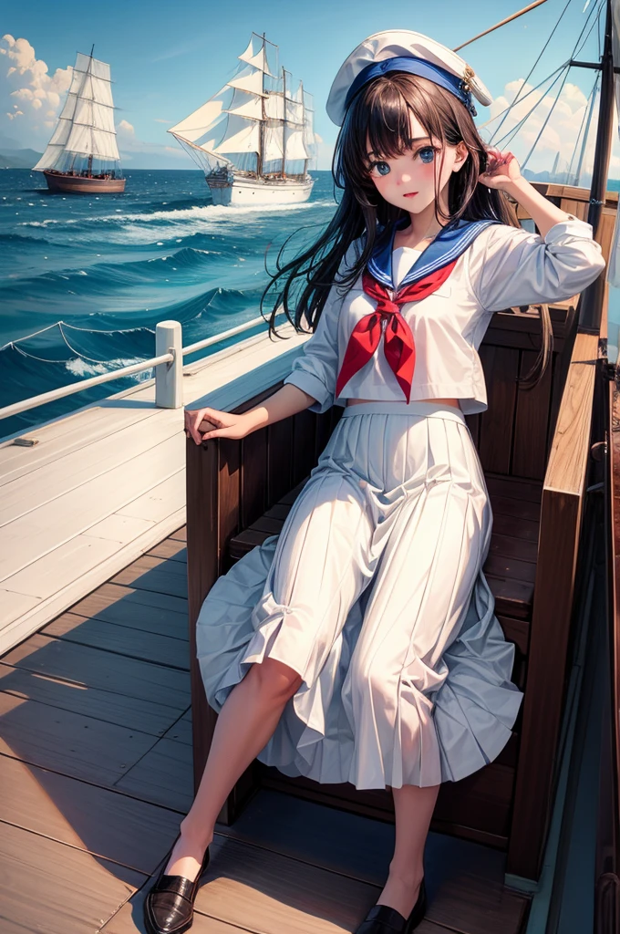 One Girl, Highest quality、Cinema Lighting、Sailor suit、Long skirt、 sailboat（Galleon）On the mast、White panties,