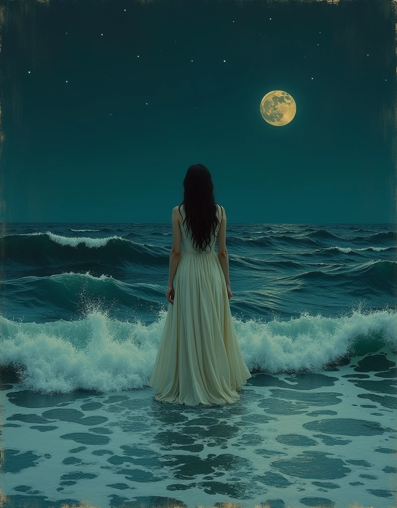 This is Andrew Wyeth - The Art of Andrew Wyeth - with a muted floral palette and dry brush technique creating a feeling of calm. (animation. perfect body anatomy. Woman in a dress emerging from the sea, neon realism, ocean waves at night, tied to a crescent moon, night, Romance, fairytale background) (minimalism: 1). Dietary composition, ideal body anatomy.