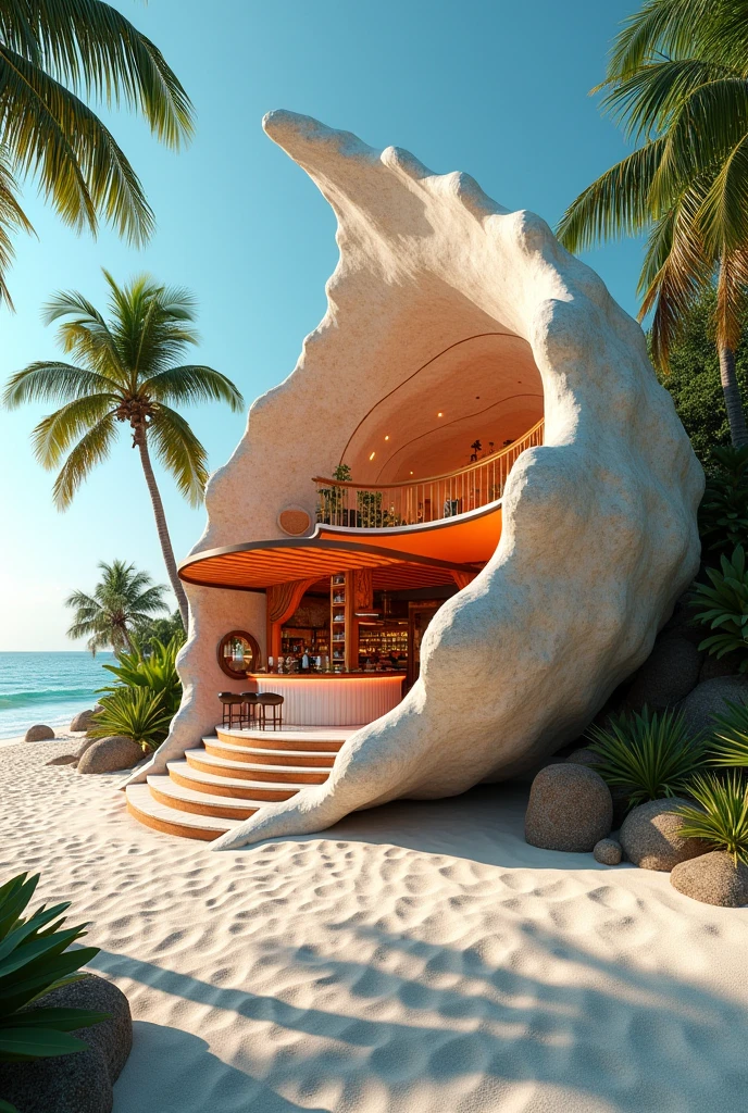 Beach bar design based on the shape of a flower conch shell