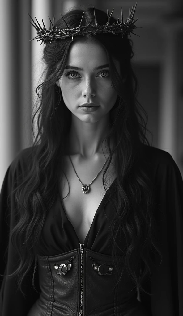 Thorns pierce the body,Long hair,Glowing eyes,black and white,Crown of Thorns,grace,Queen of Thorns