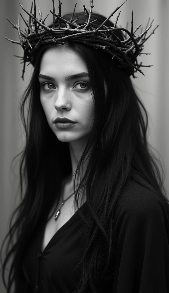 Thorns pierce the body,Long hair,Glowing eyes,black and white,Crown of Thorns,grace,Queen of Thorns