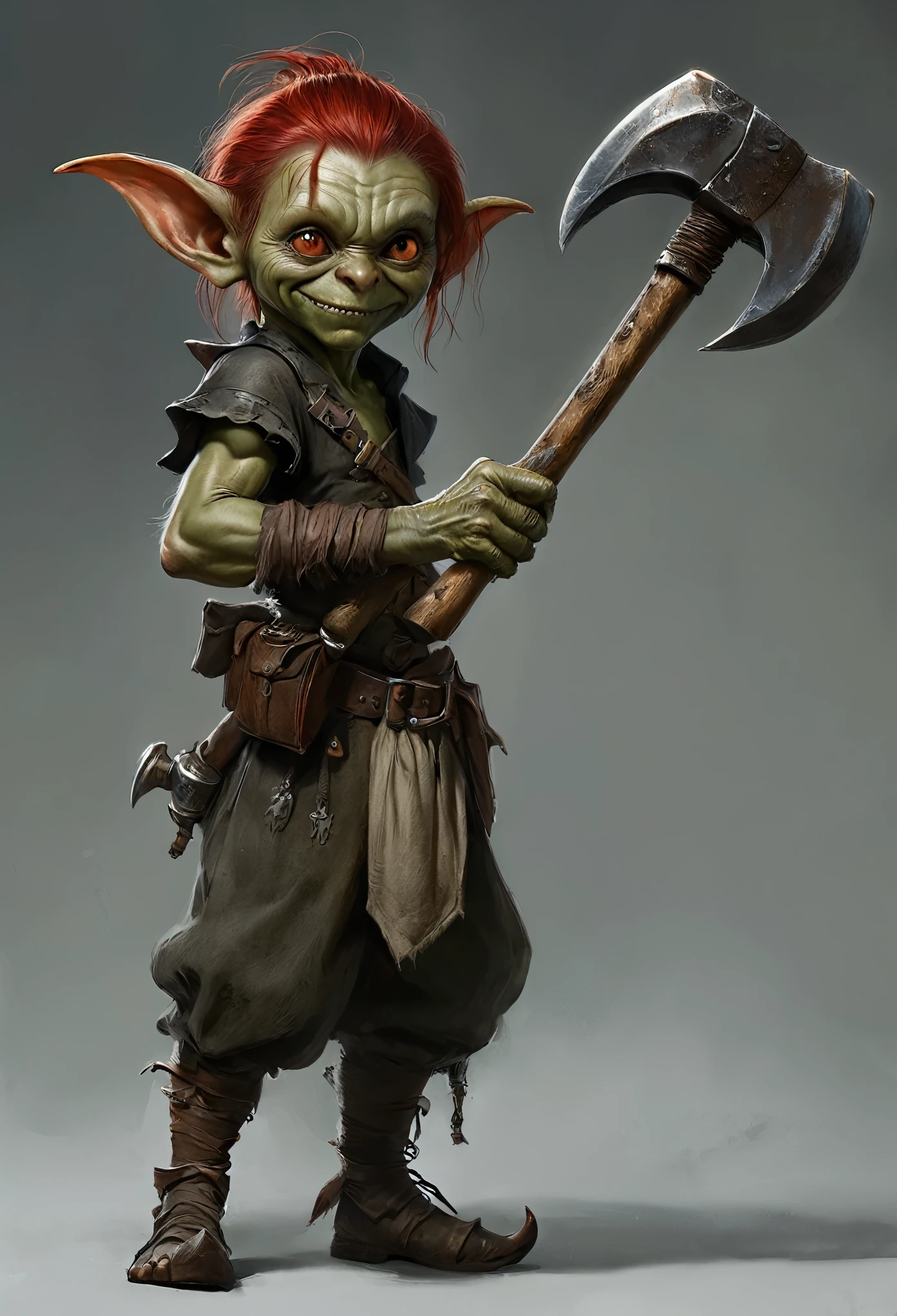 Realistic anime character, cute goblin femail, redhead, red eyes, full body portrait, holding a big hammer, little smile, in battle, dynamic composition, intricate gloomy background, dark fantasy style, dark arts, depth of field, blood of the enemies 