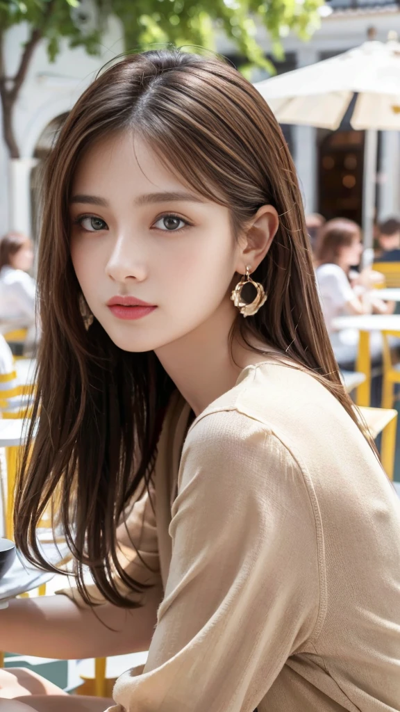 masterpiece, best quality, Practical, Very detailed, Finer details, high resolution, 8k wallpaper, A beautiful woman,Wear a nice shirt, On the terrace of a lovely cafe, noon, Light brown messy hair, Perfect dynamic composition, Pretty and beautiful eyes、Big earrings、