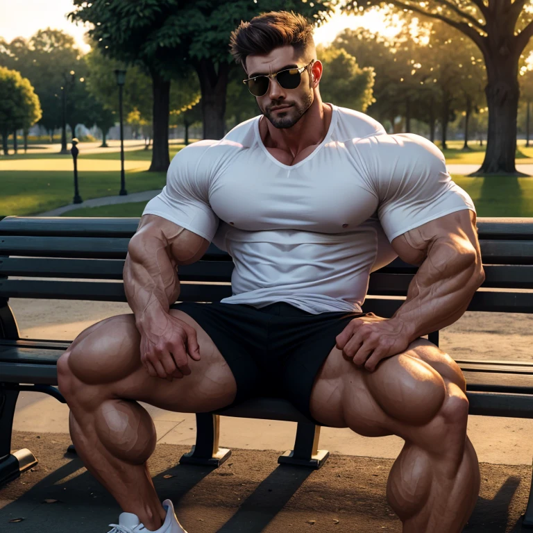 hyper growth, hyper muscles, a very handsome man, sunglasses, wearing a white shirt, exaggeratedly muscular, exaggeratedly huge muscles, sitting on a bench in a park at dusk