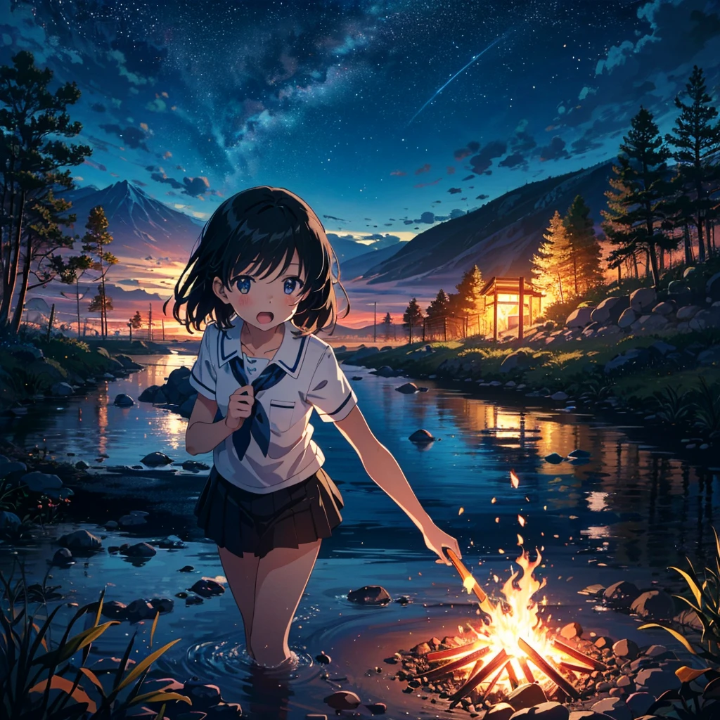 (Anime Artwork: 1.5), Best Quality, Masterpiece, (Uncensored: 0.9), Perfect Lighting, Rated_Explicit, Very Aesthetic, Anime, Super Detailed, 8K, Highly Detailed, Physically Based Rendering, Cinematic lighting, dynamic angle, official art, BREAK (little_girl:1.3), ((kindergartener)), casual, toddler, (kawaii:1.1), beautiful girl, girls dancing around the fire, mouth wide open, black Eyes, flat chest, BREAK 3 girls, school uniform, kindergarten uniform, summer, field, river, mountain, campfire, tent, (night sky: 1.3), (night: 1.3), pose,
