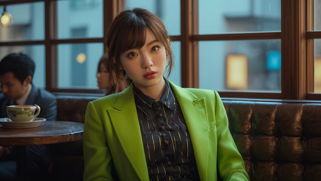((very sharp photo result, hyper realistic photo)) (((Best Quality))), (((masterpiece))), (((Ultra-detailed CG))),(((magical ))) there are pretty japan girls chill hangout happy together with fashionable casual suits (detail head, face, body, proportion & anatomy) sitting in a corner in an artsy edgy vibrant color (lime green, light blue, bright yellow combined interior) of a coffee shop, warm dramatic shadow & light, UHD, Shot on : sony a7 | fe 35mm f1.8