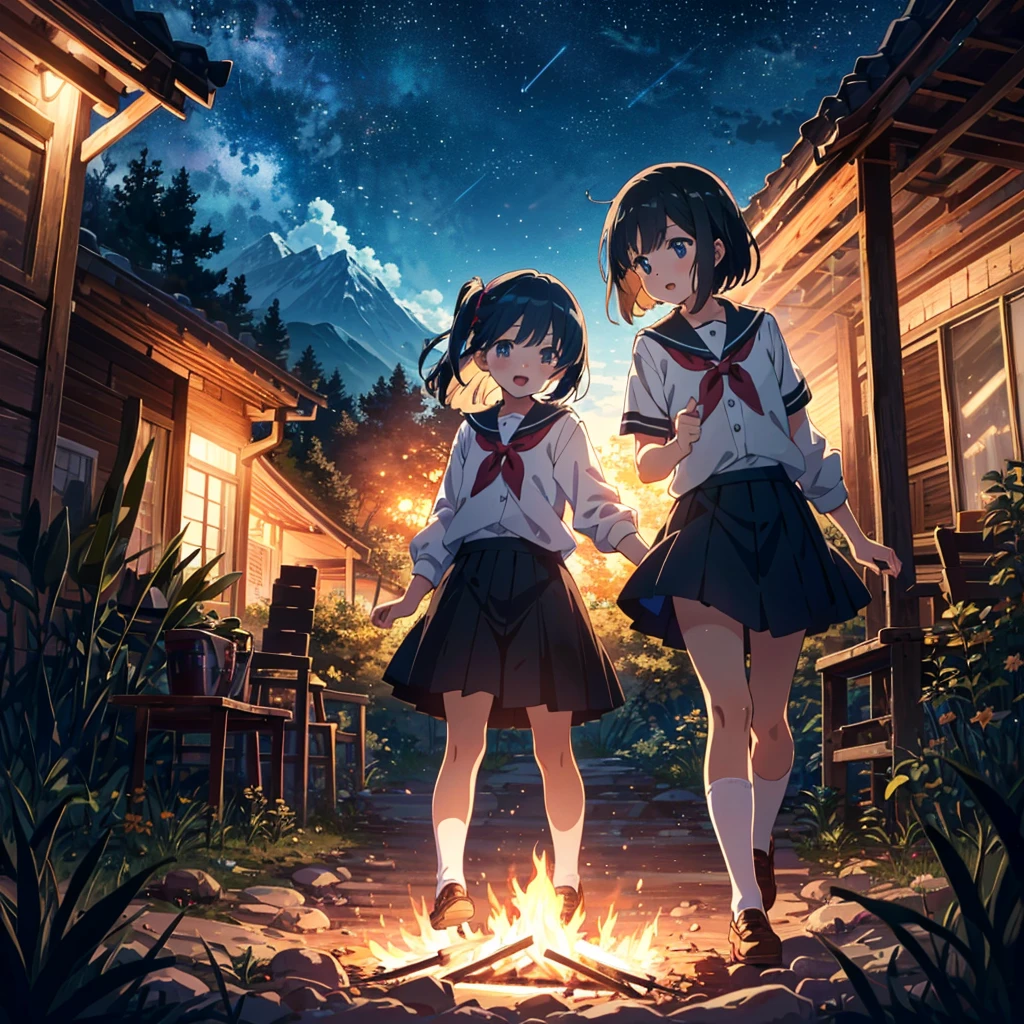 (Anime Artwork: 1.5), Best Quality, Masterpiece, (Uncensored: 0.9), Perfect Lighting, Rated_Explicit, Very Aesthetic, Anime, Super Detailed, 8K, Highly Detailed, Physically Based Rendering, Cinematic lighting, dynamic angle, official art, BREAK (little_girl:1.3), ((kindergartener)), casual, toddler, (kawaii:1.1), beautiful girl, girls dancing around the fire, mouth wide open, black Eyes, flat chest, BREAK 3 girls, school uniform, kindergarten uniform, summer, field, river, mountain, campfire, tent, (night sky: 1.3), (night: 1.3), pose,