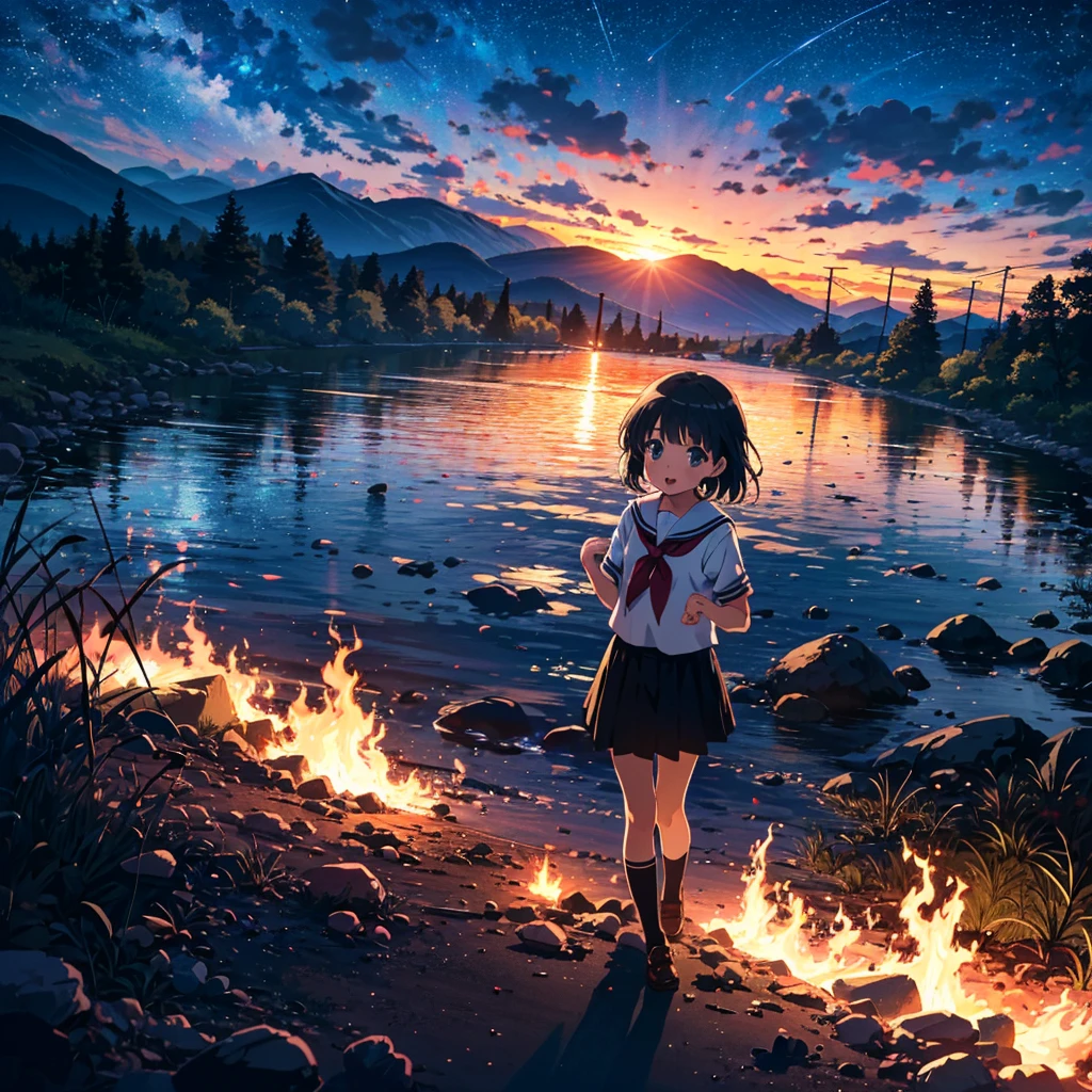 (Anime Artwork: 1.5), Best Quality, Masterpiece, (Uncensored: 0.9), Perfect Lighting, Rated_Explicit, Very Aesthetic, Anime, Super Detailed, 8K, Highly Detailed, Physically Based Rendering, Cinematic lighting, dynamic angle, official art, BREAK (little_girl:1.3), ((kindergartener)), casual, toddler, (kawaii:1.1), beautiful girl, girls dancing around the fire, mouth wide open, black Eyes, flat chest, BREAK 3 girls, school uniform, kindergarten uniform, summer, field, river, mountain, campfire, tent, (night sky: 1.3), (night: 1.3), pose,