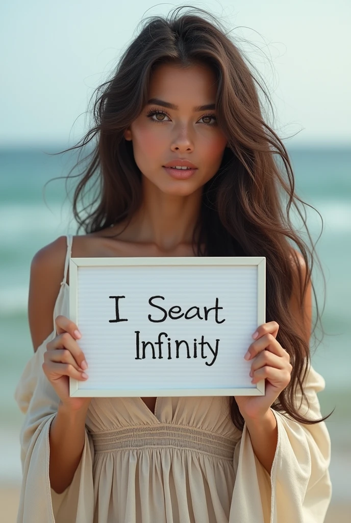 Beautiful girl with wavy long hair, bohemian dress, holding a white board with text "I Love Seaart Infinity" and showing it to the viewer