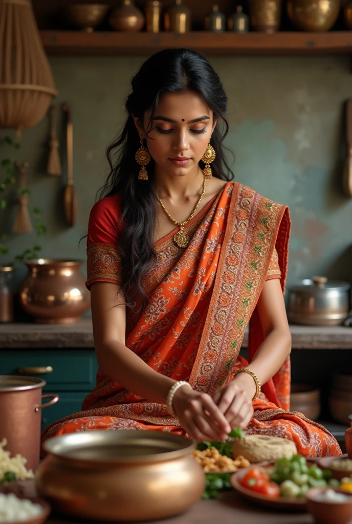A beautiful girl wore a indian saree 
dress having name on chest pooja, sitting in the kitchen and cutting vegetables
