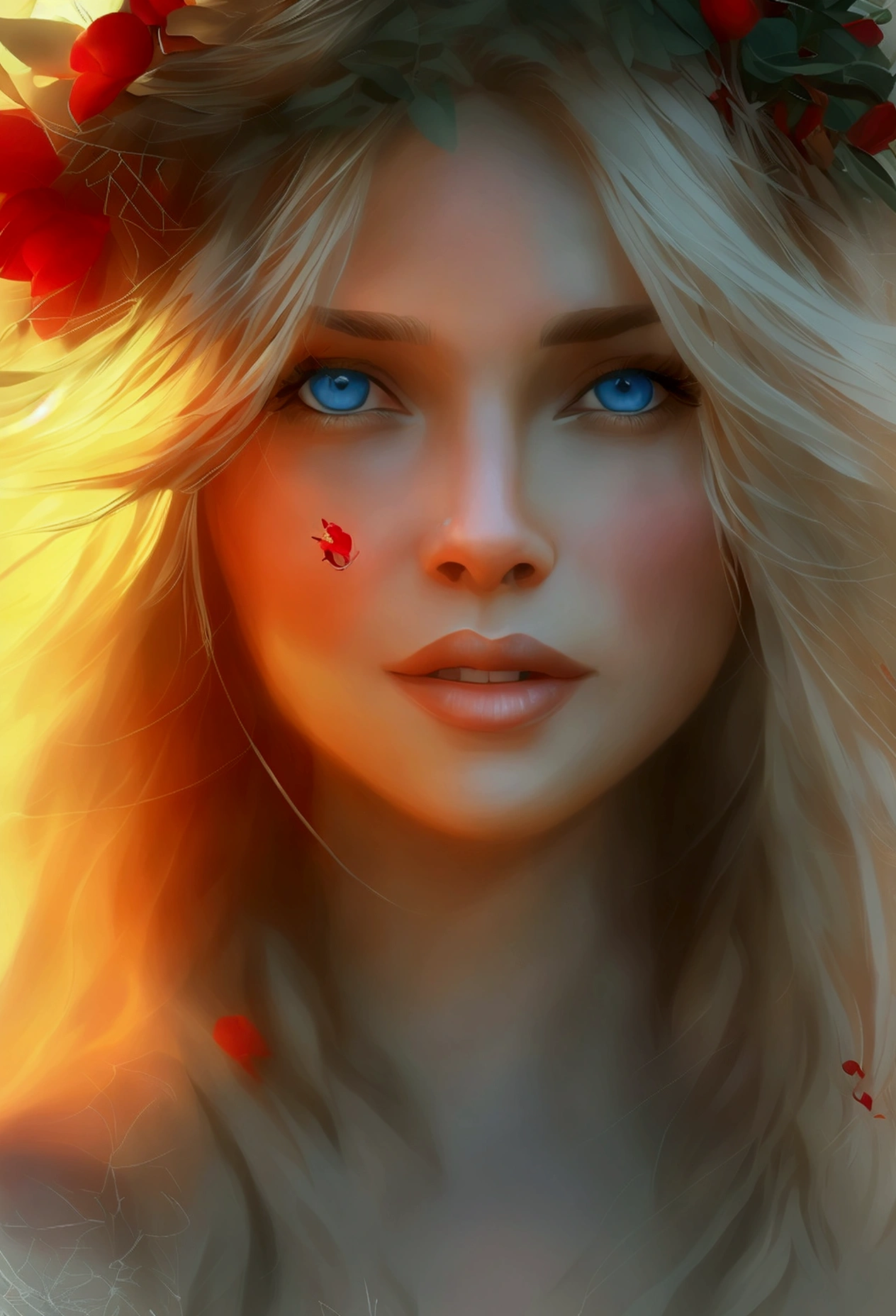 Woman face, long blonde hair, smiling, the sun is red, (Digital paint, Conceptual art, seeds, sharp focus, intricate details, close up, masterpiece: 1.2)