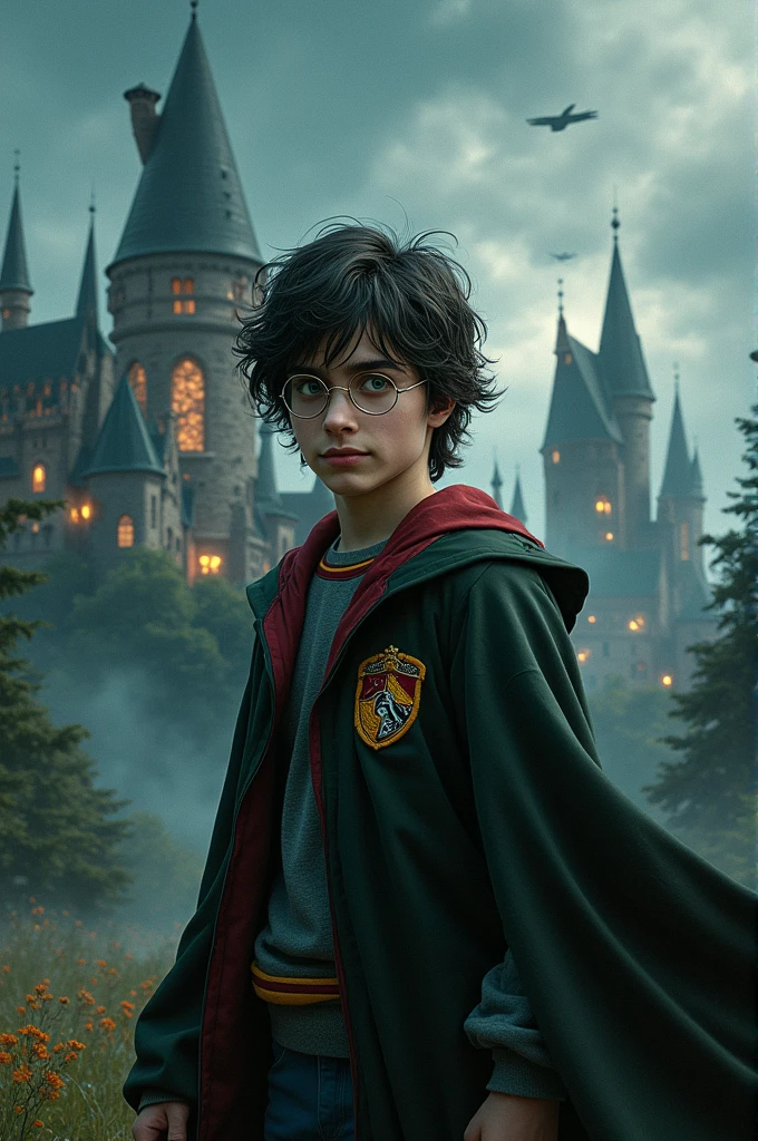Create an image of Harry Potter and include a written phrase from the Harry Potter series that contains a phrasal verb in English.