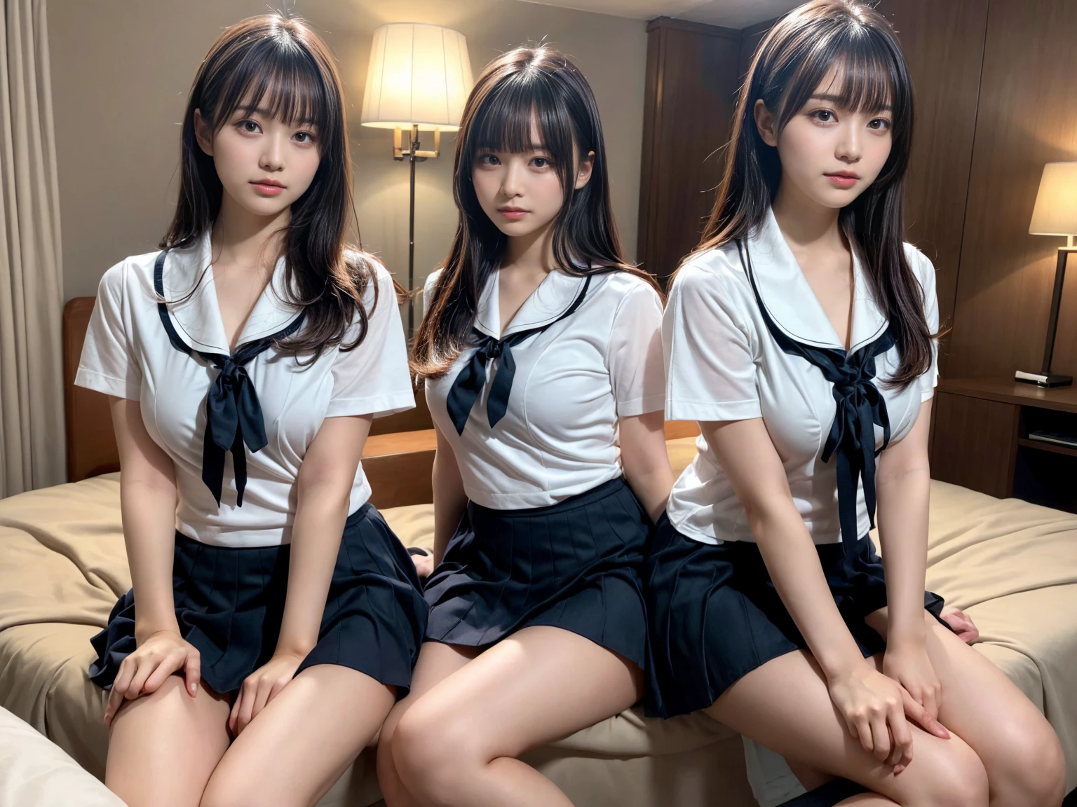 masterpiece, best quality, illustration, Super detailed, fine details, High resolution, 8K,wall paper, perfect dynamic composition,(Details High quality, realistic depiction of eyes:1.3), (3 girls), Black Sailor Uniform, serafuku, Navy pleated skirt, sitting, open legs, short bob hair, in a hotel room in the background, deep on field, large breasts, black hair color, Big Natural Color Lip, (perfect body shape), crying a little、Harajuku style、20 year old girl、cute type、beautiful legs, Gravure Idol