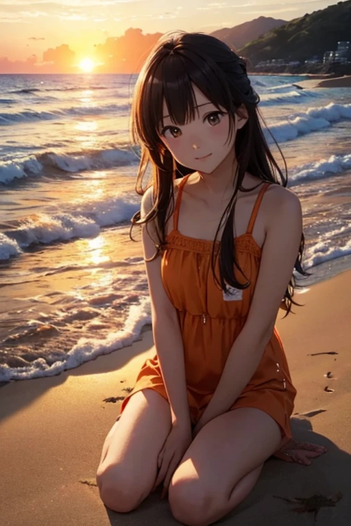 Highest quality、The beach where the sun sets、Orange sky、Shadow of a person