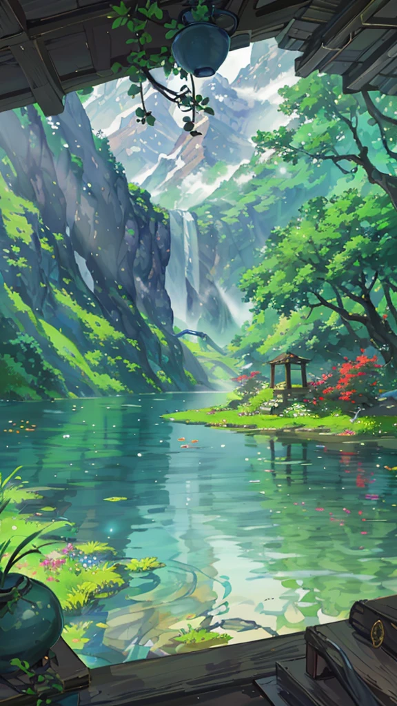 Ancient China、Cottages、spring、jungle、lake、Cave、Fall,The tree、grassland、Rochas、Hot springs、hydrosphere、(Implications:1.0)、Epic creation、Realistic lighting、High Definition Details、masterpiece、best quality,(Highly detailed CG Unity 8k wallpaper)