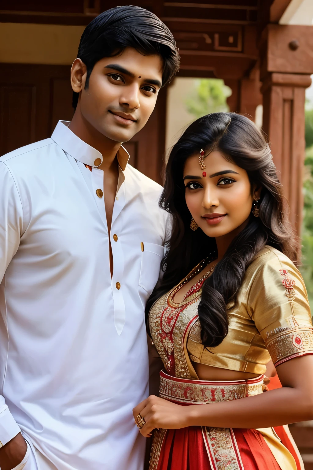 Indian couple wearing traditional dress, high quality, clear, realistic