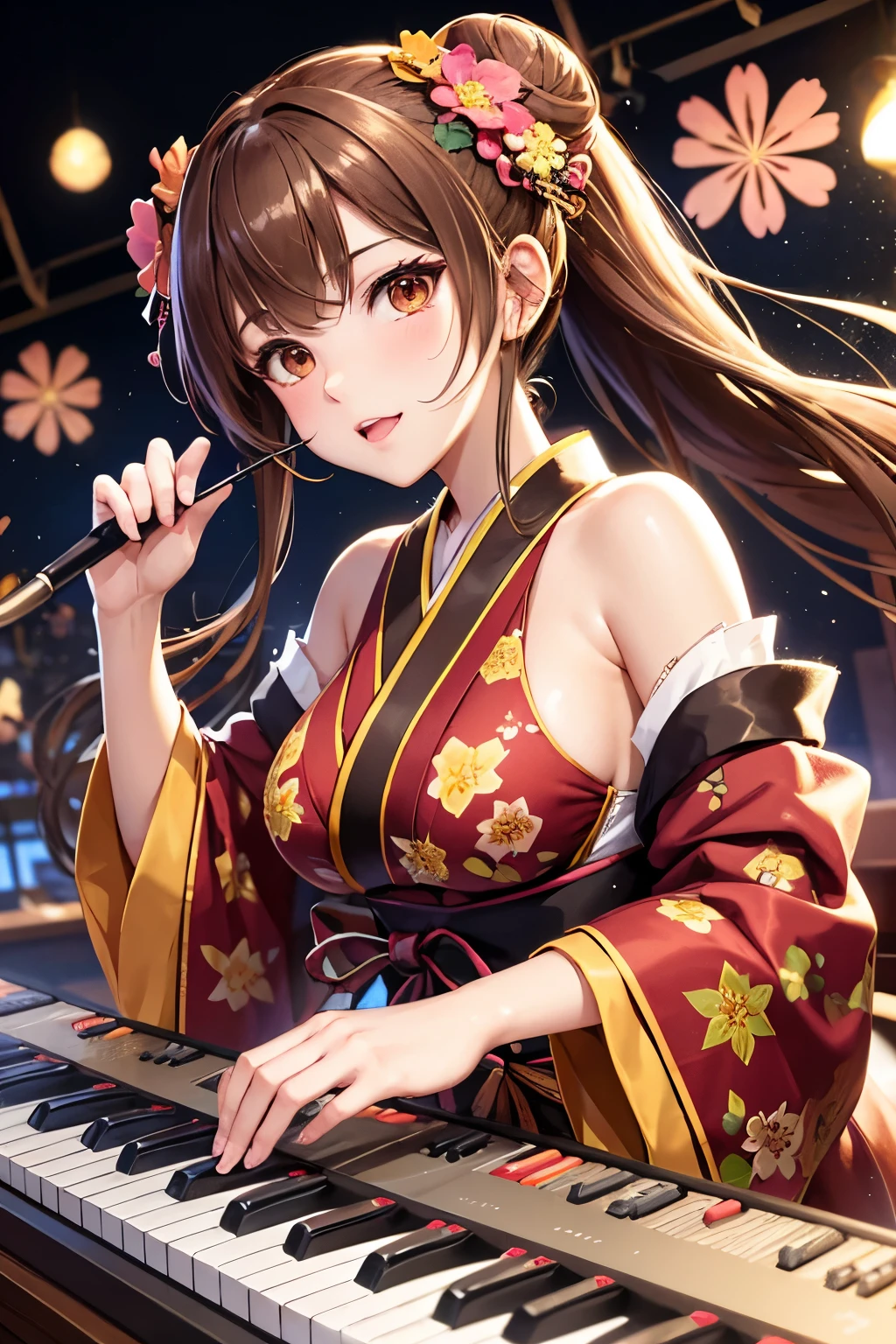 Top quality, ample limbs, perfect fingers, slender beauty, twin-tailed bun hairstyle, brown hair, Deresute, A costume of Floral haori and minihakama with a flashy pattern,Band instrumentskeyboard, beautiful large breasts, live stage, Playing Band InstrumentsKeyboard