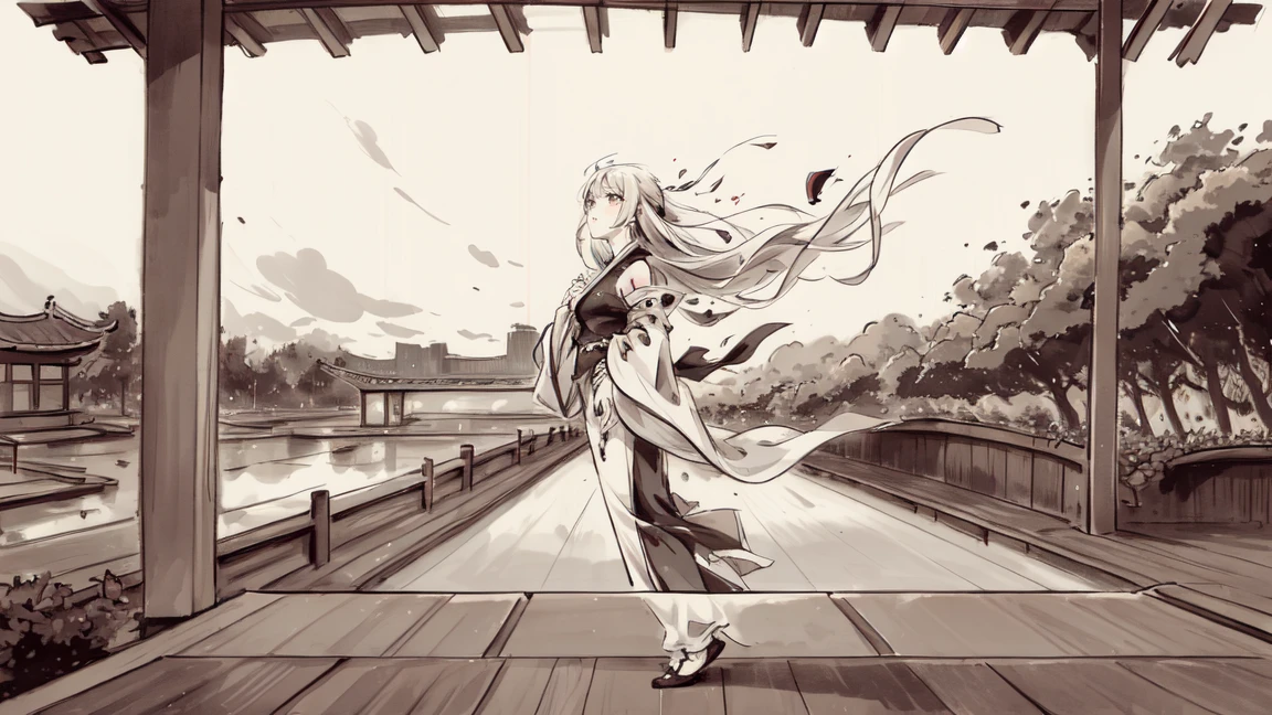 Featured Painting-Style Artworks, Highest quality, Super Fine, 16K, Incredibly absurd, Very detailed, delicate, Flashy and dynamic depiction, Beautiful female ghost, Floating in the sky, Excited expression, rain, Japanese-style umbrella, (Background monochrome garden palace:1.3)