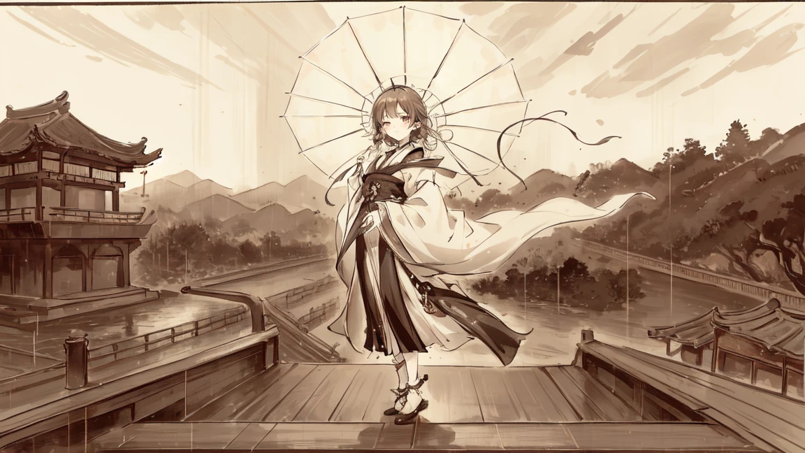 Featured Painting-Style Artworks, Highest quality, Super Fine, 16K, Incredibly absurd, Very detailed, delicate, Flashy and dynamic depiction, Beautiful female ghost, Floating in the sky, Excited expression, rain, Japanese-style umbrella, (Background monochrome garden palace:1.3)