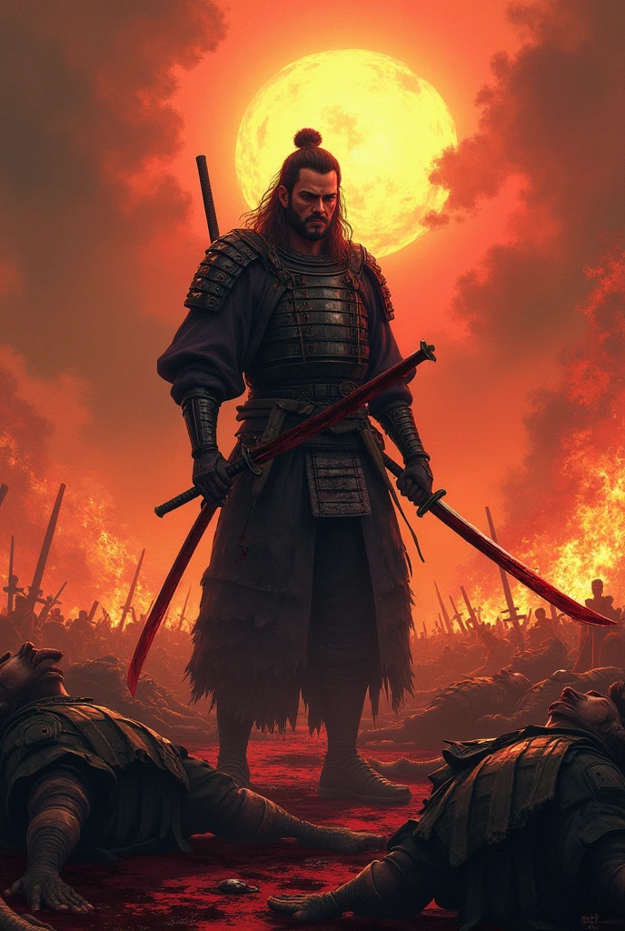 Fire background a man with Katana full of blood and many death people on ground