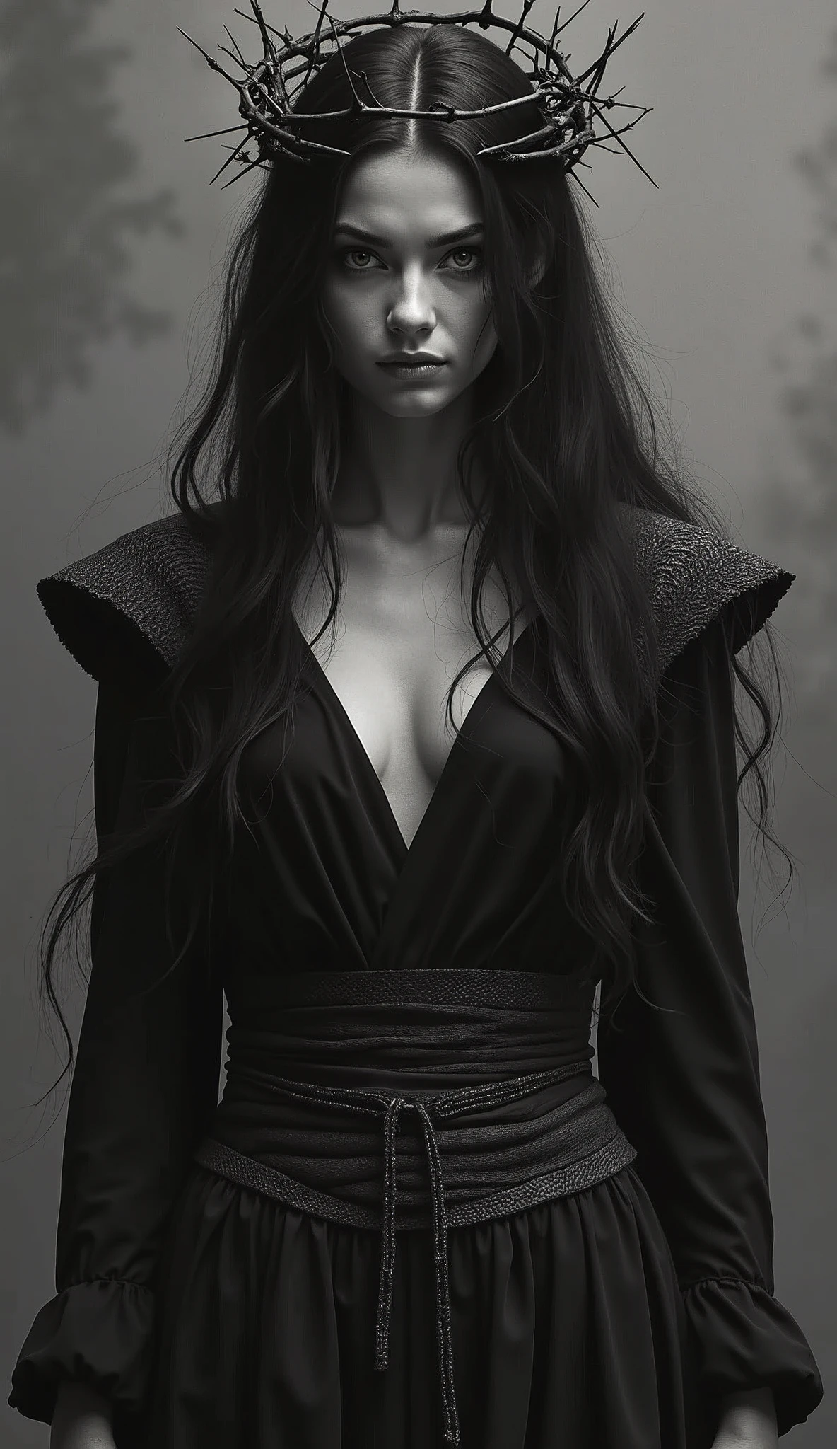 Thorns pierce the body,Long hair,Glowing eyes,black and white,Crown of Thorns,grace,Queen of Thorns