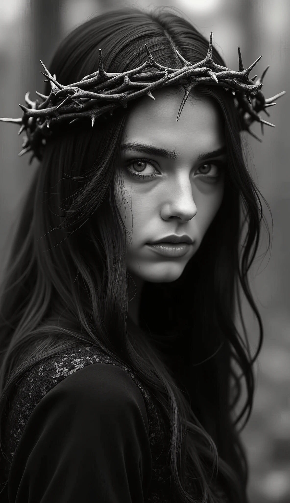 Thorns pierce the body,Long hair,Glowing eyes,black and white,Crown of Thorns,grace,Queen of Thorns