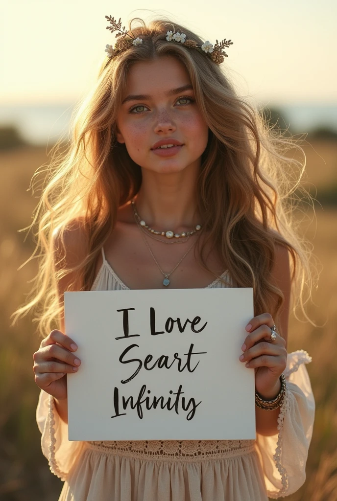Beautiful girl with wavy long hair, bohemian dress, holding a white board with text "I Love Seaart Infinity" and showing it to the viewer