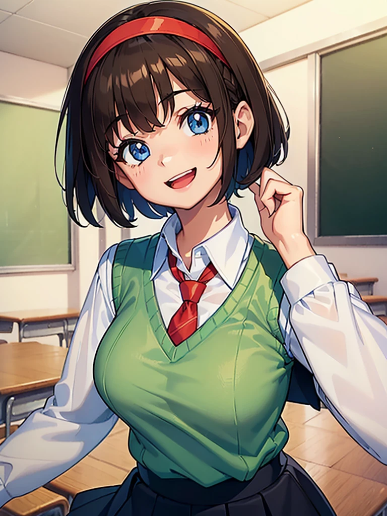 ((1girl)), ((short brown hair)), ((hairband)), ((blue eyes)), ((long sleeved white collared shirt)), ((green sweater vest)), ((red necktie)), ((black skirt)), ((big happy smile)), ((medium breasts)), ((generic girly pose)), ((big happy smile)), ((energetic)), ((bangs)), ((Kawaii)), ((face close up)), ((White shirt)), ((green sweater vest)), ((red necktie)), ((cute art style)), (((anime)), ((eyelashes)), ((friendly smile)), ((open mouth)), ((school interior)), ((long sleeves)), ((modern))