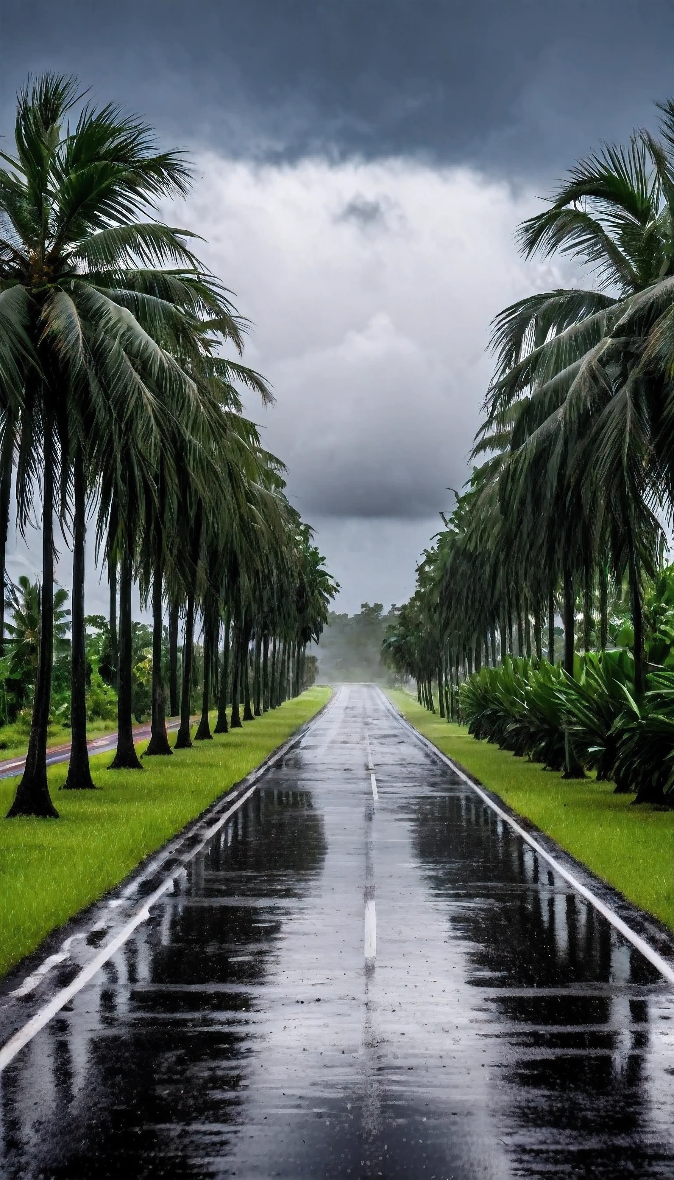 a raining Day,rain drop,wet tar road , bushes at each side , coconut trees at each side,dark cloudy cloud,cloudy sky,