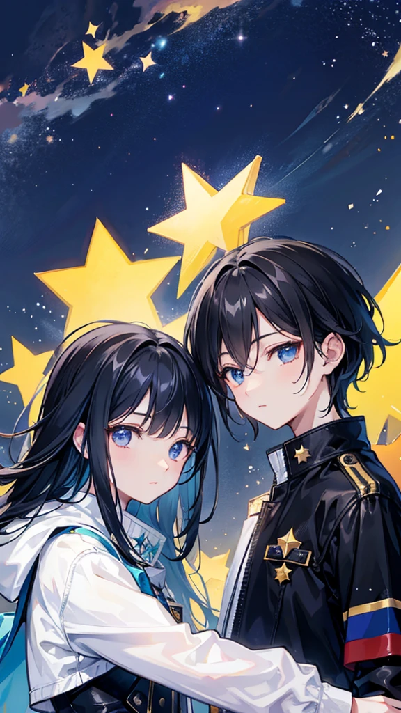 With the stars shining in the night sky、A scene where one bright star is shining on the two of us
,men and women,Black Hair,masterpiece, 8k octane, 