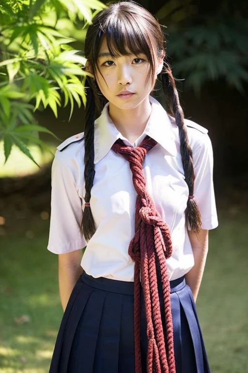 A Japanese man strips a Japanese junior high school girl naked, puts a collar on her and ties her up with hemp rope