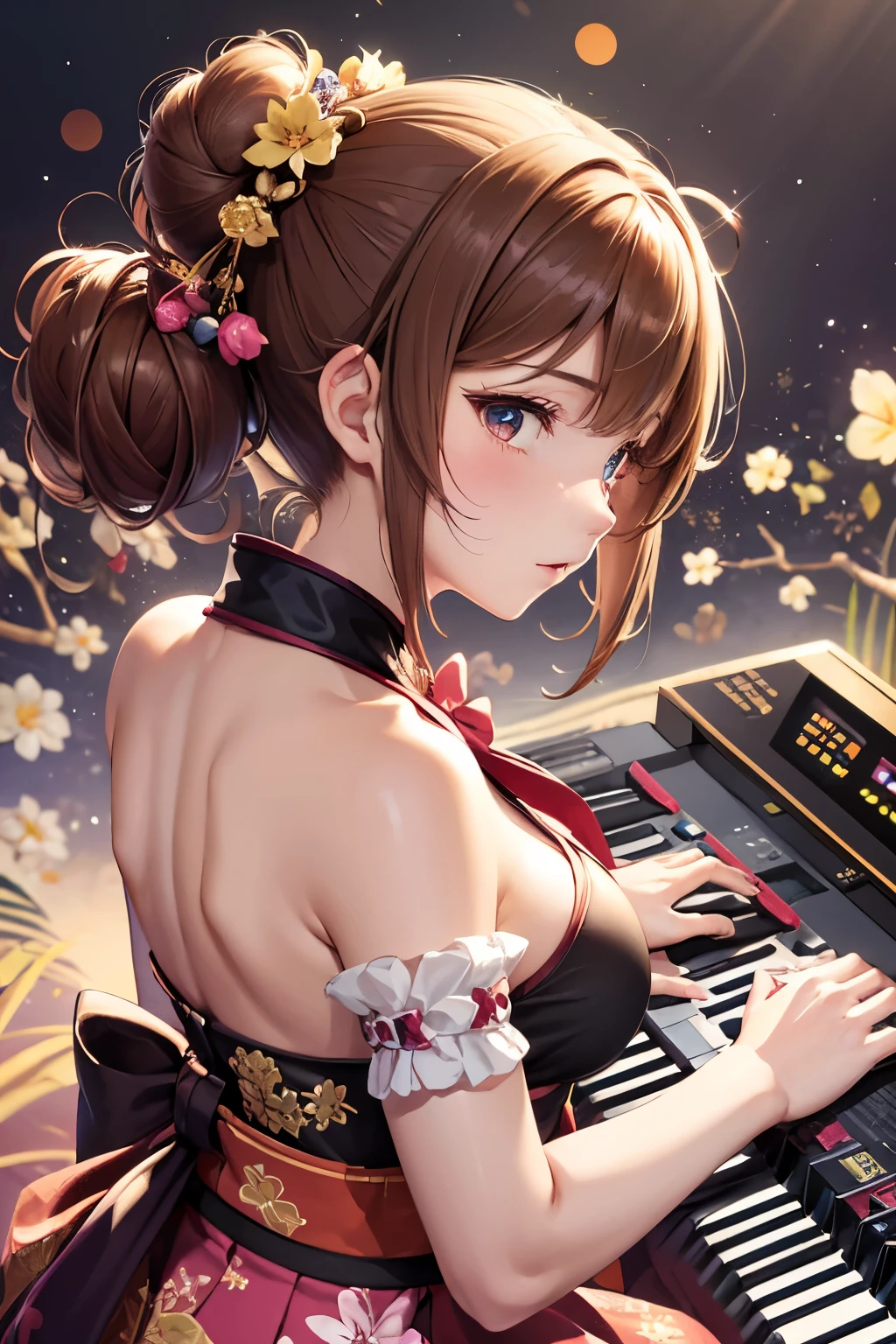 Top quality, ample limbs, perfect fingers, slender beauty, twin-tailed bun hairstyle, brown hair, Deresute, A costume of Floral haori and minihakama with a flashy pattern,Band instrumentskeyboard, beautiful large breasts, live stage, Playing Band InstrumentsKeyboard