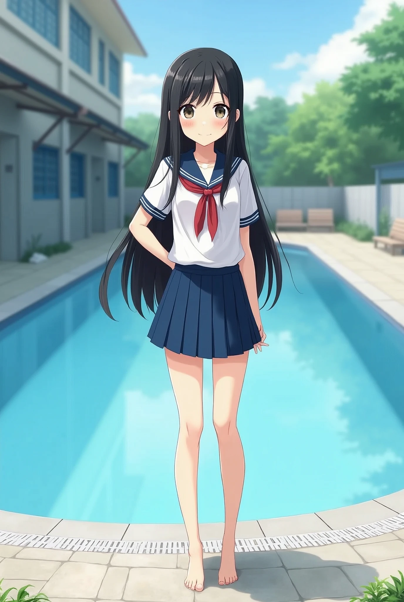 Standing by the pool at an empty school、Long black hair、uniform、mini skirt、Cute Face、barefoot、Smiling、Full body portrait