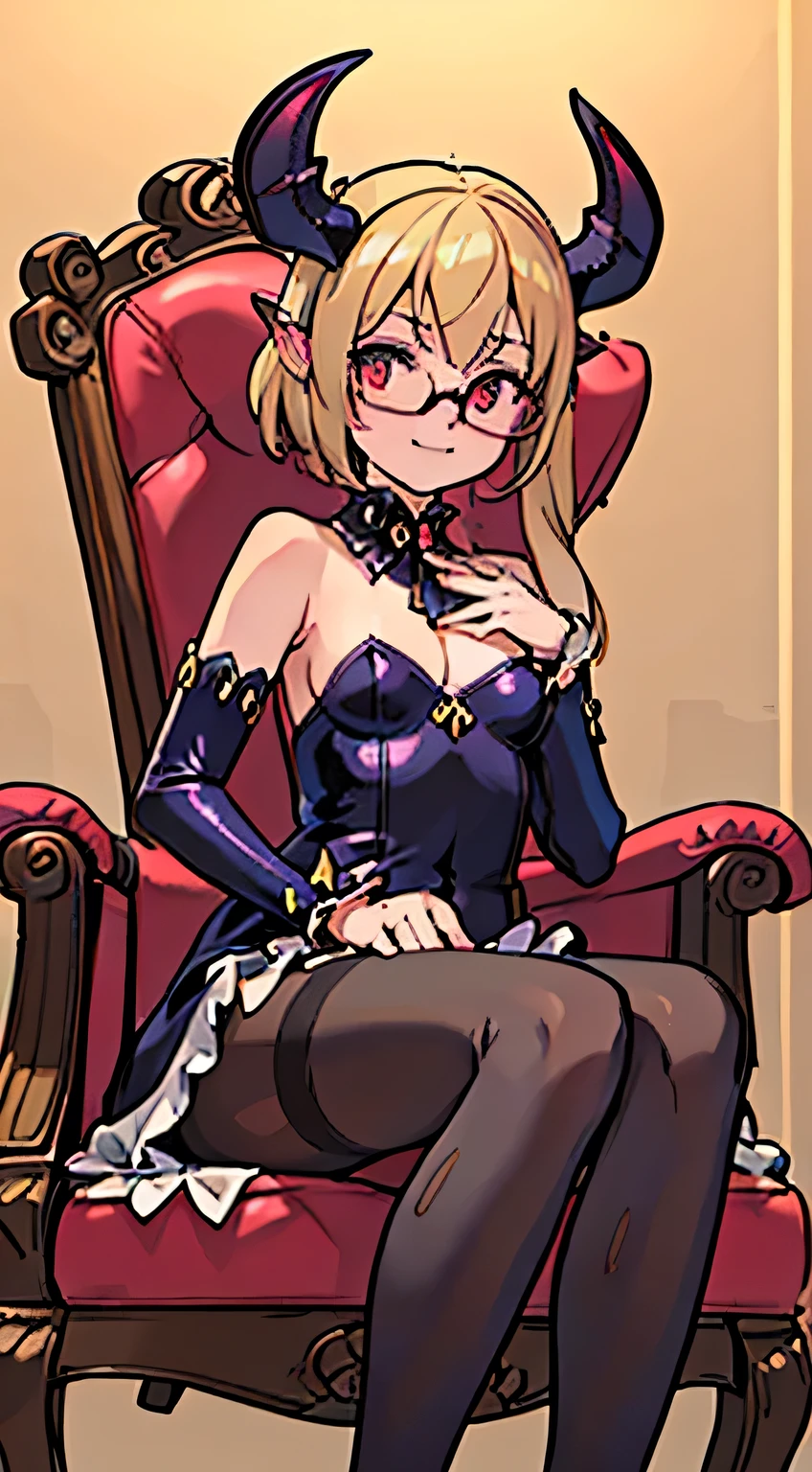 (The highest image quality, master piece:1.2), (Ultra Definition Illustration), (NSFW), (succubus:1.5), (very cute little succubus princess:1.3), (1 girl:1.2), Solo, (shoot from below:1.3) ,(condescending look:1.3) NSFW, gorgeous queen dress, sitting on the throne chair, queen crown, showing dirty panties, Full body, Round baby face, (Glasses, Blonde Short-Cut Hair), (white thigh high pantyhose:1.2), Evil smile, mean face, Mesgaki smile, Luxurious palace rooms, Fancy Room, RPG Royale, widely spread legs, Beautiful legs, SuccubKonosub
