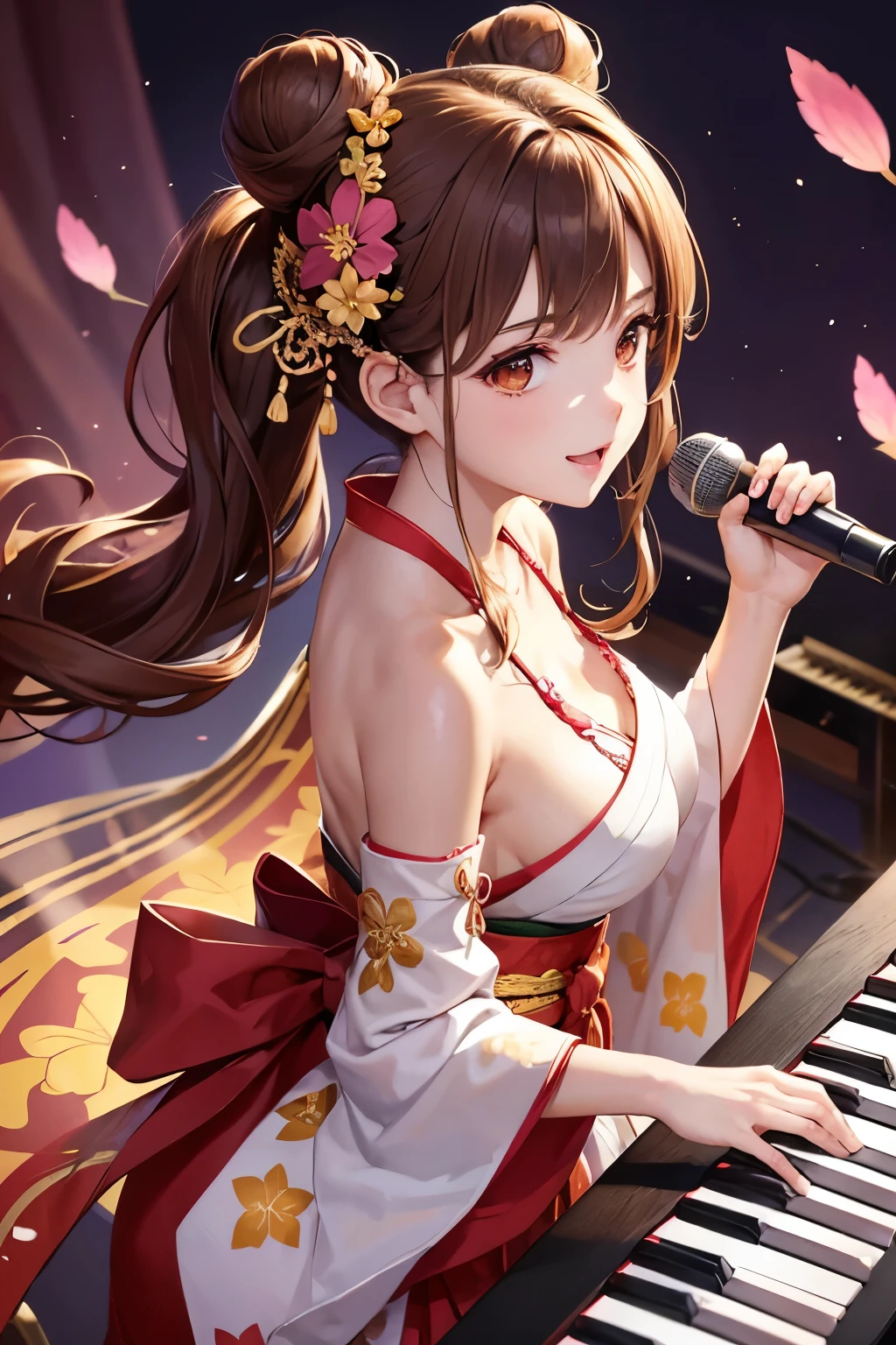 Top quality, ample limbs, perfect fingers, slender beauty, twin-tailed bun hairstyle, brown hair, Deresute, A costume of Floral haori and minihakama with a flashy pattern,Band instrumentskeyboard, beautiful large breasts, live stage, Playing Band InstrumentsKeyboard