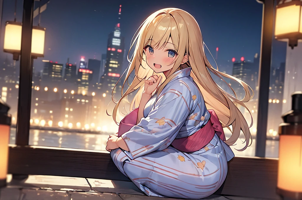 (Masterpiece, Top quality:1.5), 1 beautiful girl, solo, squatting down, from side, Blonde, medium Hair, wavy Hair, asymmetry bangs, swept bangs, airy hair, large breasts:1.2, 16 year old, standard weight, (yukata :1.3), smile:1.3, blush, beautiful scene of narrow Alley, blurry background, magnificent panorama view, blurry background, open mouth,