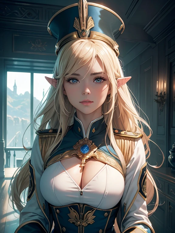 masterpiece, Highest quality, Highly detailed CG Unity 8K wallpapers,((whole body, woman１people)), ((Spaceship bulkhead)), (Long pointy ears), Elegant long wavy platinum blonde hair, ((Average Chest Circumference, Self-illuminating skin)), ((Military uniforms have a strong ceremonial element)), (Ceremonial military hat), (blush), , (A tense look), (A ceremonial pose), cute, Symmetrical face, fine grain, Key Art, Awards, intricate detail realism hdr, Photorealism, Hyperrealism, Ultra-realistic, Dramatic Light, Nice views, Written boundary depth,