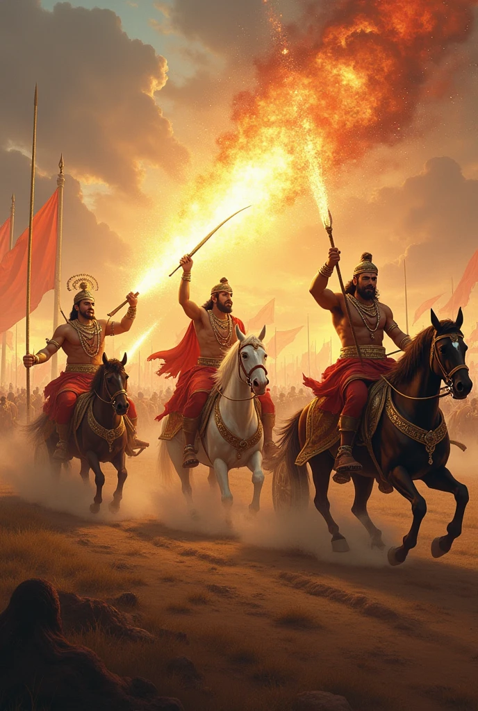 Create an epic battlefield scene featuring three key warriors blowing their conch shells. Show Krishna, also known as Hrishikesha, in a divine and majestic chariot, blowing his conch named Panchajanya with a radiant, celestial glow. Next to him, depict Arjuna, or Dhananjaya, in his chariot, blowing his conch shell named Devadatta, exuding confidence and readiness. On the other side, illustrate Bhima, known for his mighty deeds, blowing his powerful conch named Paundra, showcasing his strength and determination. Each conch shell should be visually distinct and vibrant, with waves of sound or light emanating from them. Capture the grandeur of the scene with detailed chariots, horses, and banners, emphasizing the solemnity and anticipation of the battle's commencement."