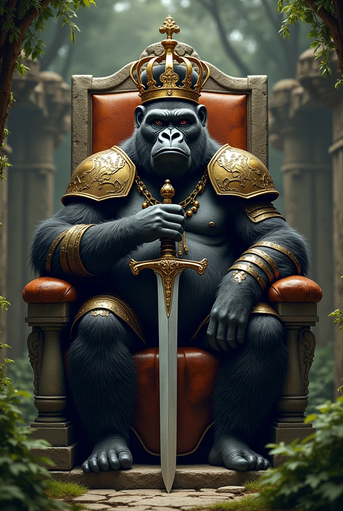  king gorilla armor sword crown sitting throne stone palace with vegetation