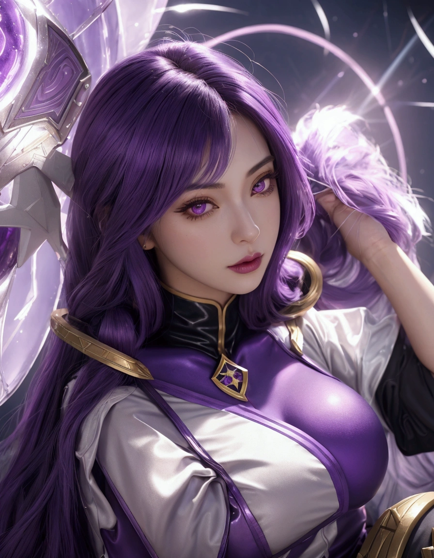 a close up of a woman with purple hair and a purple outfit, portrait knights of zodiac girl, kda, irelia, artgerm jsc, ashe, seraphine ahri kda, portrait of rung, sigma female, extremely detailed artgerm, ig model | artgerm, leblanc, knights of zodiac girl