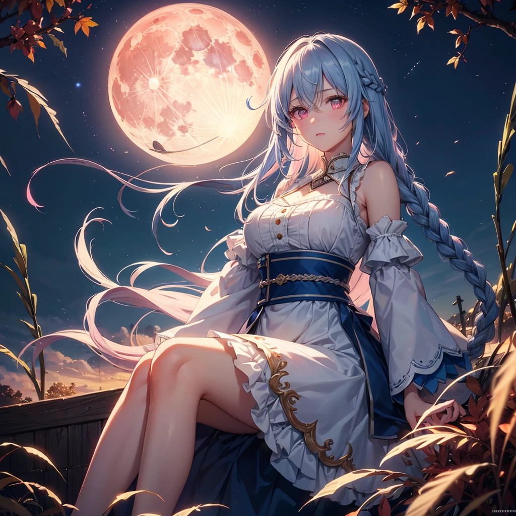 (Sky blue braided medium length hair), (Pink eyes),(Fair skin)  ,(whole body),(One Girl),(harvest moon),(A large amount of Miscanthus sinensis in the background),autumn,(full moon),(masterpiece, Highest quality, Very detailed, Best Shadow), (Detailed Background), (Beautifully detailed face), High Contrast, (Best lighting, Very delicate and beautiful), ((Cinematic Light)), Hyper Detail,8k, Dramatic Light, Intricate details