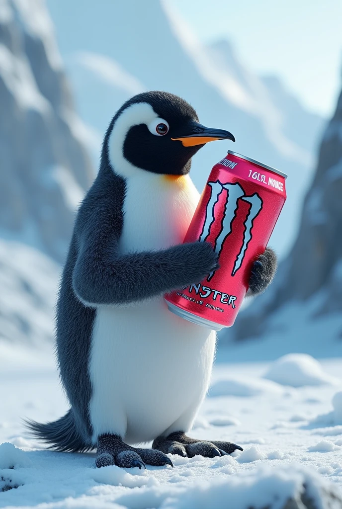 A realistic penguin drinking monster drink