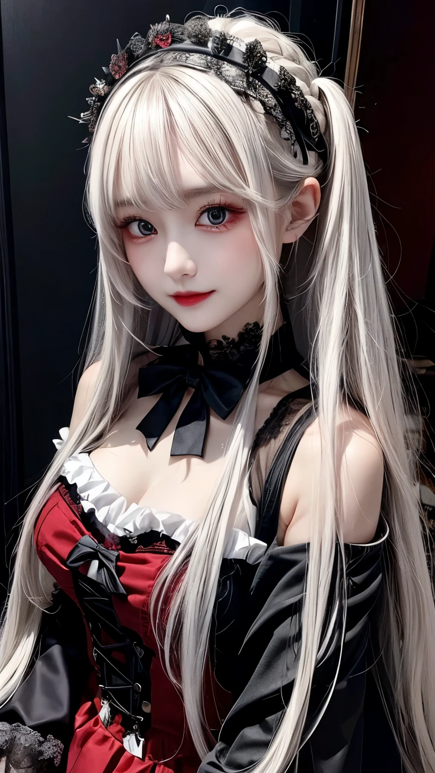Has long white hair and red eyes、Please draw a super beautiful girl wearing a black hair accessory.。She wears a Gothic Lolita outfit、The elegant and mysterious atmosphere surrounds you.。Her hair ornament is black、Showing off her beautiful hair、It highlights her individuality。

Her Gothic Lolita outfit、A dark and luxurious design that is still subtle、It maintains its understated charm。Lace and ribbon、Accents such as ruffles、It is a hallmark of her Gothic Lolita style.。The outfit hugged her figure beautifully.、It gives elegance and class。

Her red eyes shine passionately、Combined with her charming smile、It highlights her individuality and charm.。Her smile has a unique charm、Combined with her mysterious aura、Her charm stands out even more。Her appearance is美しく、Its presence is captivating。

This beautiful girl with long white hair and red eyes、Wearing a modest yet attractive Gothic Lolita outfit、It displays its beauty and dignity。Her appearance is、Her presence and charm in the world of Gothic Lolita fashion is fused together.、It is a fascinating and mysterious sight.。
