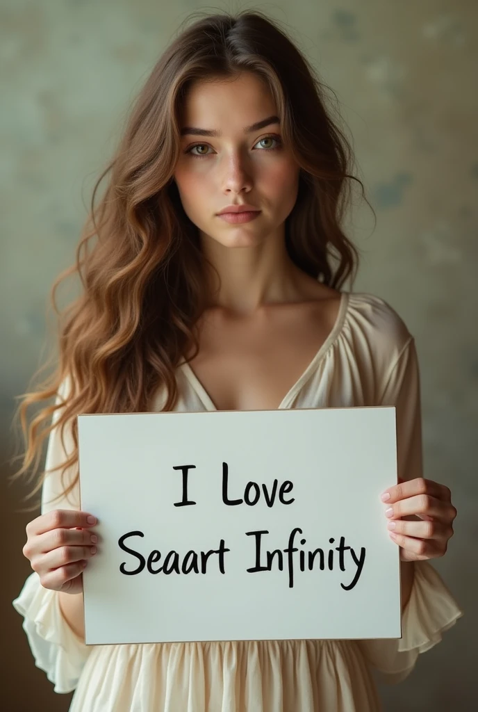 Beautiful girl with wavy long hair, bohemian dress, holding a white board with text "I Love Seaart Infinity" and showing it to the viewer