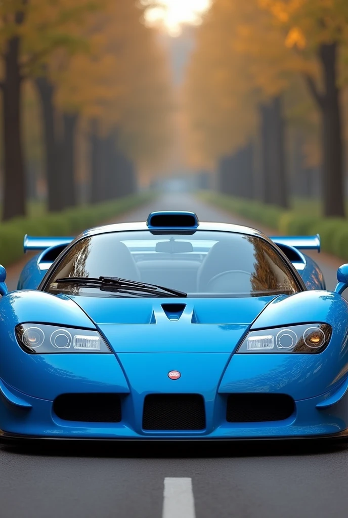 A high-quality image of a classic Bugatti EB110 from the 1990s. The car is in a signature bright blue color, featuring its iconic quad headlights, a low, wide, and boxy body design, and distinctive scissor doors. The front grille is small and rounded, and the rear features a fixed wing typical of the EB110. The image should capture the car from a front three-quarter angle, showcasing the unique design elements that distinguish the EB110 from modern Bugatti models, such as its more angular and less aerodynamic form.